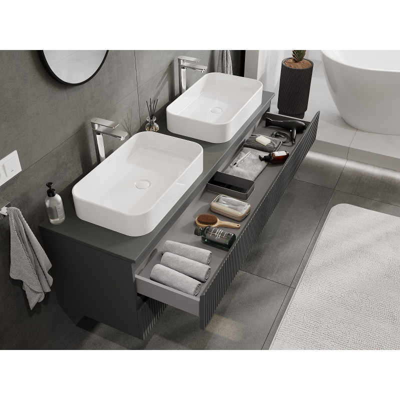 Mexen Rivel koupelnová skříňka pod umyvadlo 160 cm s deskou, 2 zásuvky, rýhovaná, grafit mat - 91A20-16047-2-BFFC66