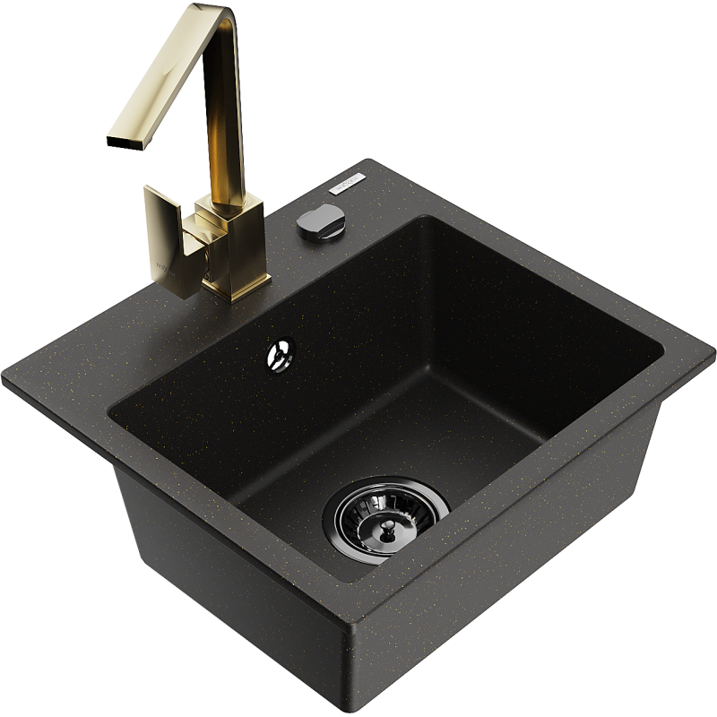 Mexen Milo žulový dřez s 1 komorou a kuchyňskou baterií Rita, černý/zlatý metalík - 6505-75-670300-50-B
