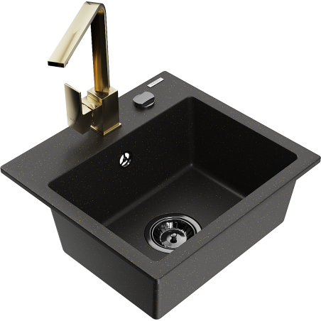 Mexen Milo žulový dřez s 1 komorou a kuchyňskou baterií Rita, černý/zlatý metalík - 6505-75-670300-50-B