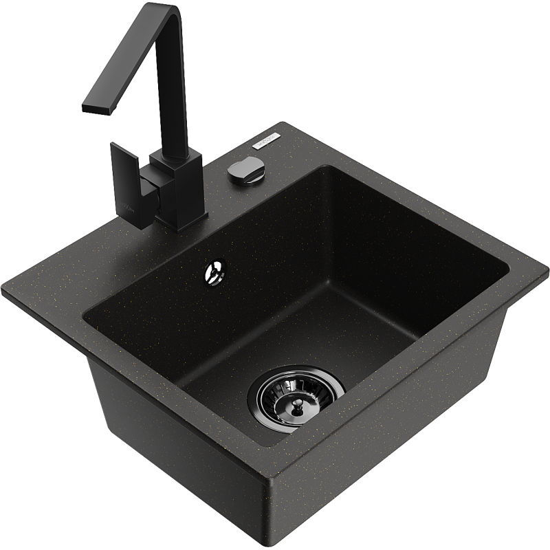 Mexen Milo granitový dřez 1-komorový s kuchyňskou baterií Rita, černý/zlatý metalik - 6505-75-670300-70-B