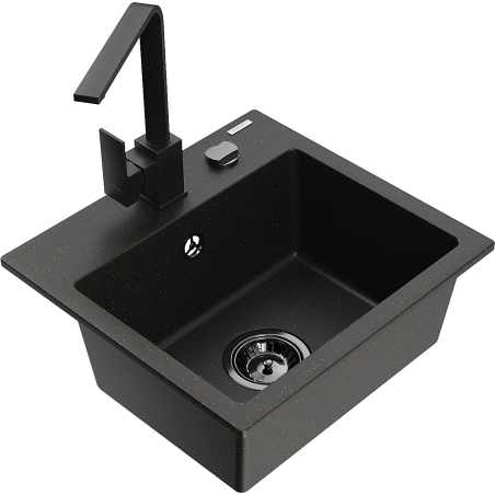 Mexen Milo granitový dřez 1-komorový s kuchyňskou baterií Rita, černý/zlatý metalik - 6505-75-670300-70-B