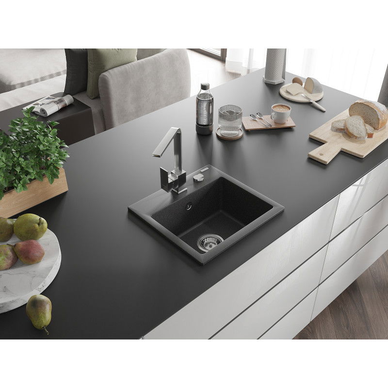 Mexen Milo žulový dřez 1-komorový s kuchyňskou baterií Rita, černý tečkovaný - 6505-76-670300-00