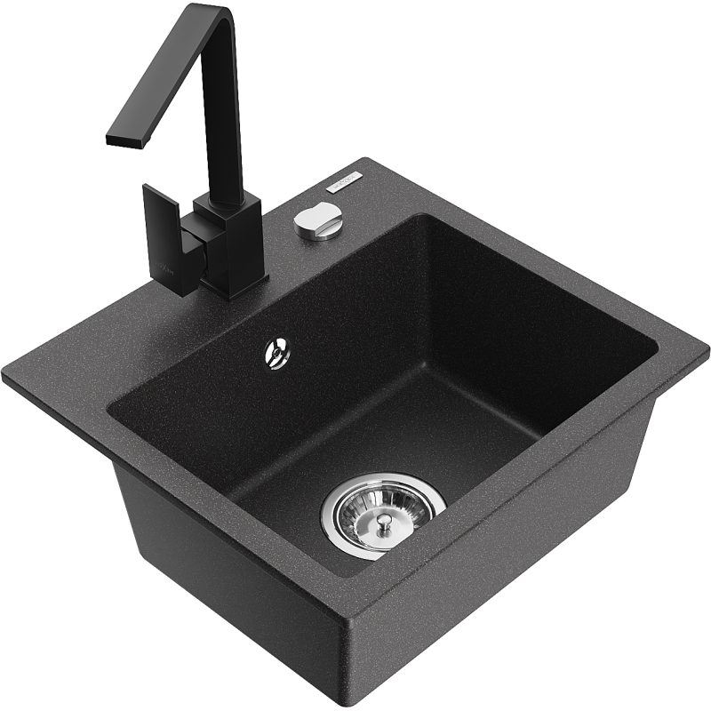 Mexen Milo granitový dřez 1-komorový s kuchyňskou baterií Rita, černý skvrnitý - 6505-76-670300-70