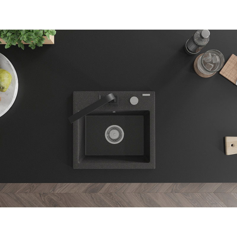 Mexen Milo granitový dřez 1-komorový s kuchyňskou baterií Rita, černý skvrnitý - 6505-76-670300-70
