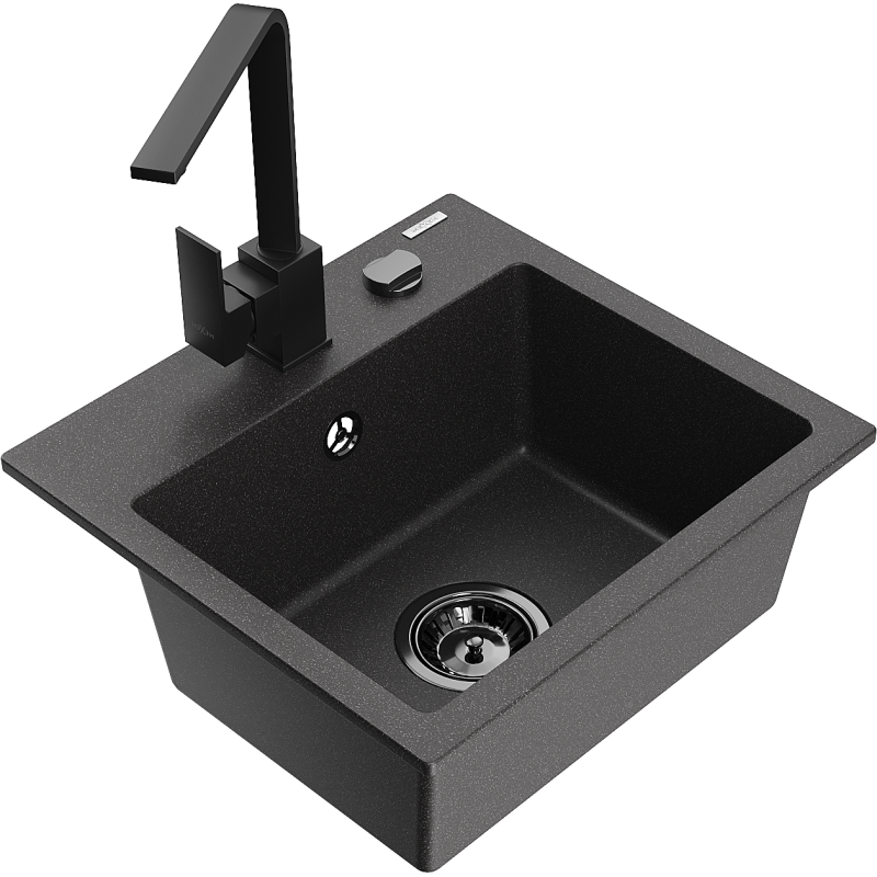Mexen Milo granitový kuchyňský dřez s 1 komorou a kuchyňská baterie Rita, černý s tečkami - 6505-76-670300-70-B