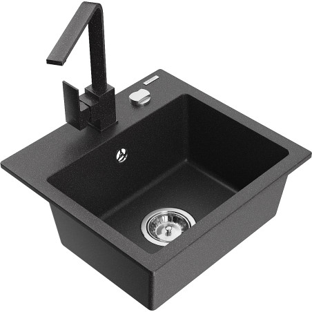 Mexen Milo granitový dřez 1-komorový s kuchyňskou baterií Rita, černý tečkovaný - 6505-76-670300-76
