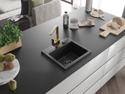 Mexen Milo granitový dřez 1-komorový s kuchyňskou baterií Rita, černý - 6505-77-670300-50-B