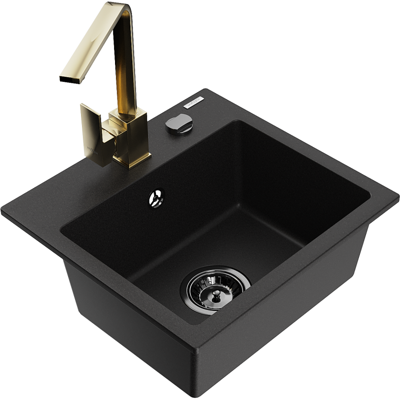 Mexen Milo granitový dřez 1-komorový s kuchyňskou baterií Rita, černý - 6505-77-670300-50-B