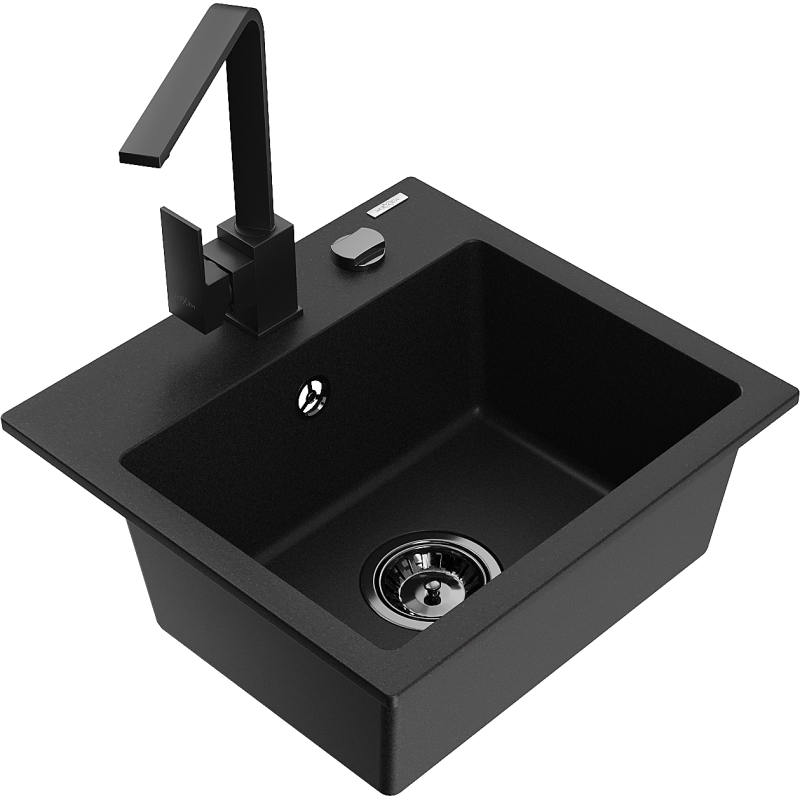 Mexen Milo granitový dřez 1-komorový s kuchyňskou baterií Rita, černý - 6505-77-670300-70-B
