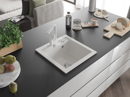 Mexen Vito granitový dřez 1-komorový s kuchyňskou baterií Rita, bílý - 6503-20-670300-20