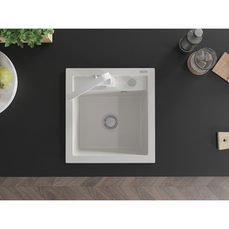 Mexen Vito granitový dřez 1-komorový s kuchyňskou baterií Rita, bílý - 6503-20-670300-20