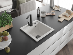 Mexen Vito granitový dřez s 1 komorou a kuchyňskou baterií Rita, bílá - 6503-20-670300-70