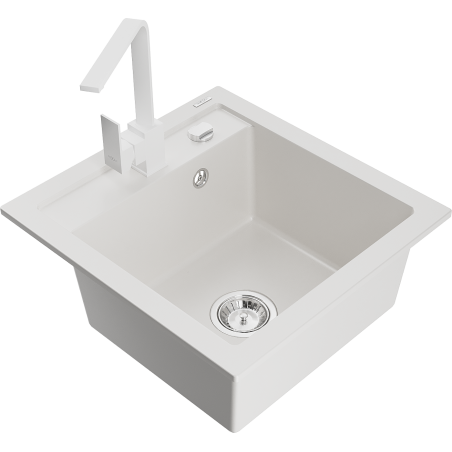 Mexen Vito granitový dřez 1-komorový s kuchyňskou baterií Rita, bílý - 6503-20-670300-20