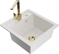 Mexen Vito granitový dřez 1-komorový s kuchyňskou baterií Rita, bílý - 6503-20-670300-50