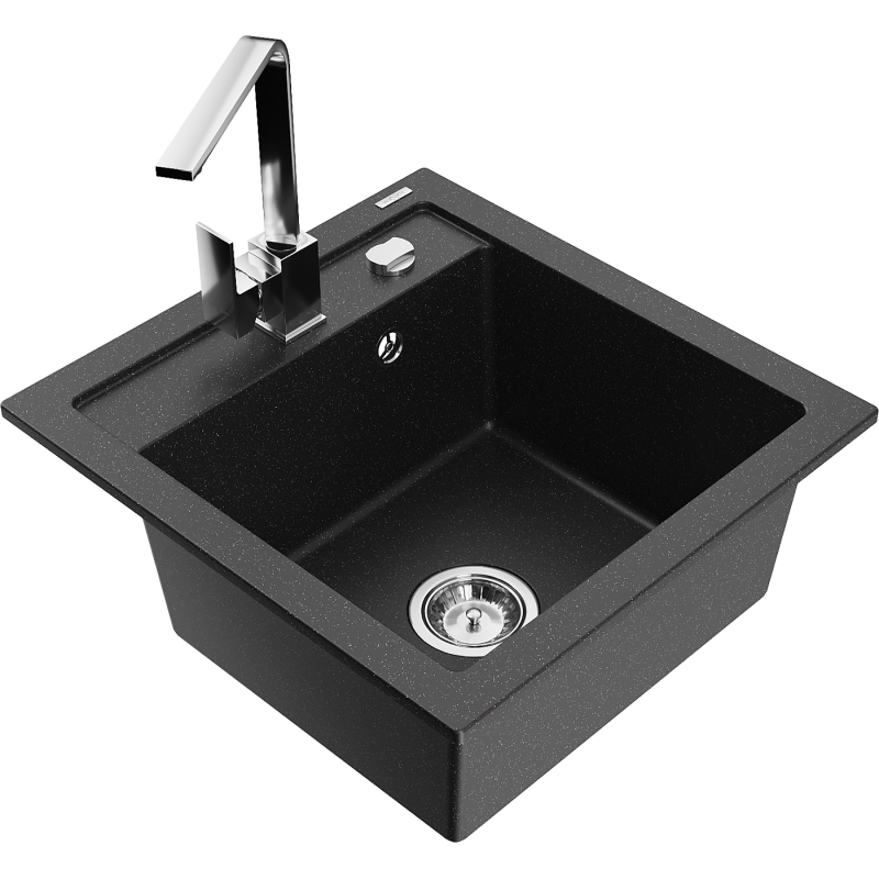 Mexen Vito žulový dřez s jednou komorou s kuchyňskou baterií Rita, černý/stříbrný metalický - 6503-73-670300-00