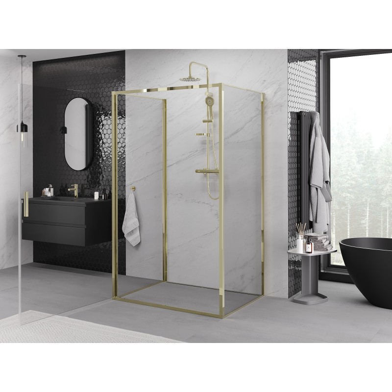 Mexen Exo-3S sprchový kout 3-stěnný sklápěcí 90 x 75 cm, transparentní, zlatý - 817-090-075-50-00-3S