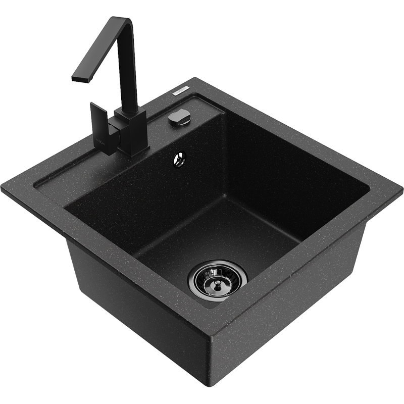 Mexen Vito granitový dřez 1-komorový s kuchyňskou baterií Rita, černý/stříbrný metalik - 6503-73-670300-70-B