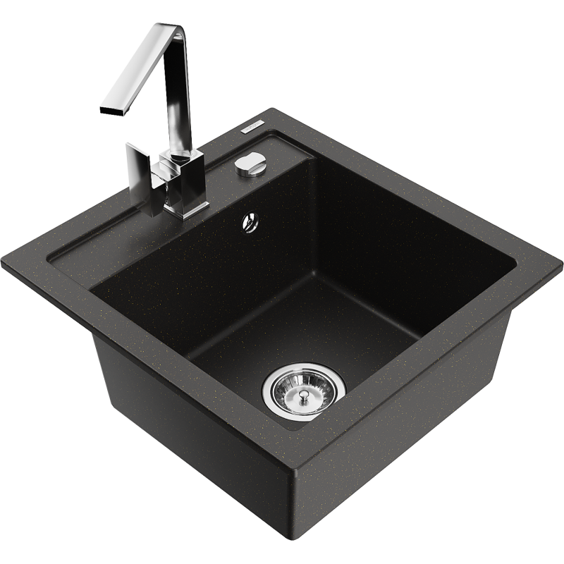 Mexen Vito granitový dřez 1-komorový s kuchyňskou baterií Rita, černý/zlatý metalík - 6503-75-670300-00