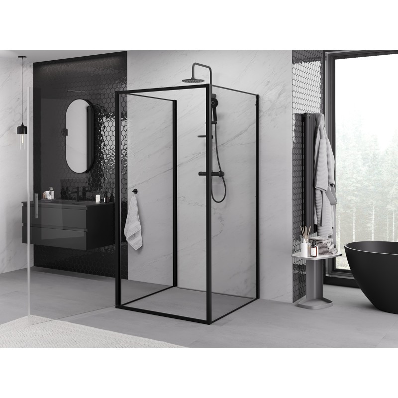 Mexen Exo-3S sprchový kout 3-stěnný otevíratelný 100 x 100 cm, průhledný, černý - 817-100-100-70-00-3S