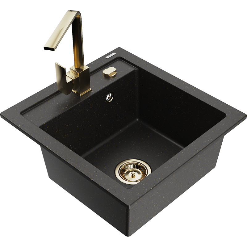 Mexen Vito granitový dřez s jednou komorou s kuchyňskou baterií Rita, černý/zlatý metalík - 6503-75-670300-50