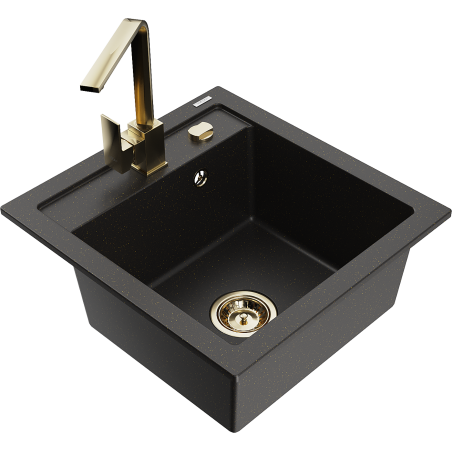 Mexen Vito granitový dřez s jednou komorou s kuchyňskou baterií Rita, černý/zlatý metalík - 6503-75-670300-50