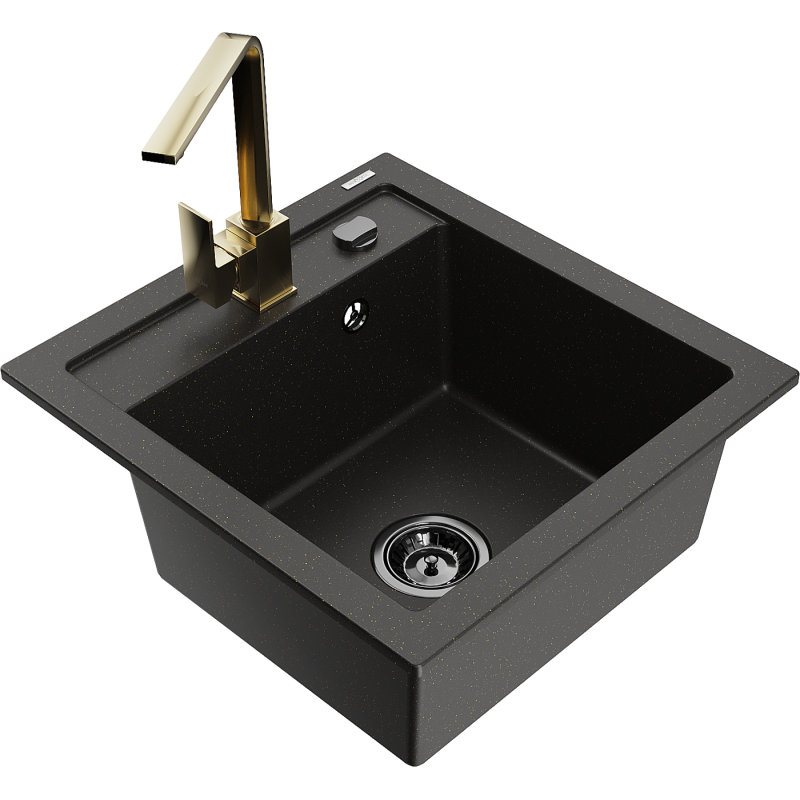 Mexen Vito granitový dřez 1-komorový s kuchyňskou baterií Rita, černý/zlatý metalik - 6503-75-670300-50-B