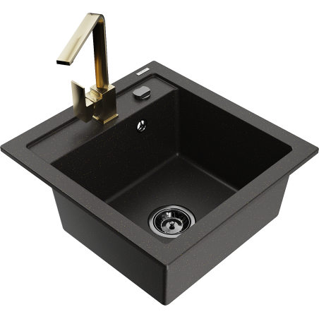 Mexen Vito granitový dřez 1-komorový s kuchyňskou baterií Rita, černý/zlatý metalik - 6503-75-670300-50-B