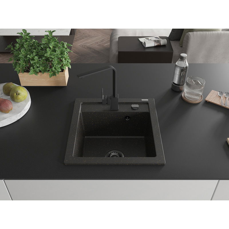 Mexen Vito granitový dřez 1-komorový s kuchyňskou baterií Rita, černý/zlatý metalický - 6503-75-670300-70-B