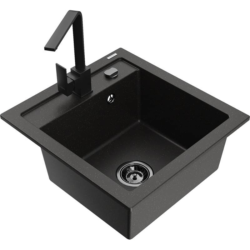 Mexen Vito granitový dřez 1-komorový s kuchyňskou baterií Rita, černý/zlatý metalický - 6503-75-670300-70-B