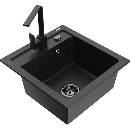 Mexen Vito granitový dřez 1-komorový s kuchyňskou baterií Rita, černý/zlatý metalický - 6503-75-670300-70-B