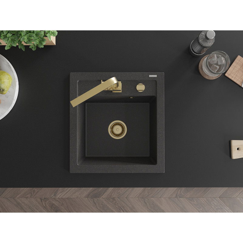 Mexen Vito granitový dřez 1-komorový s kuchyňskou baterií Rita, černý skvrnitý - 6503-76-670300-50