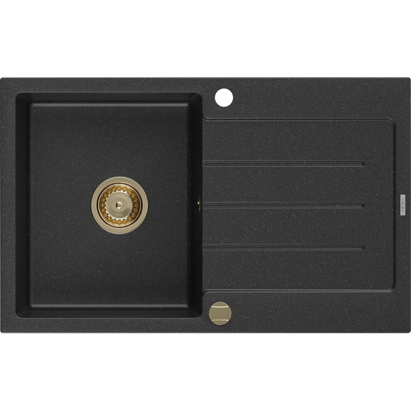 Mexen Bruno granitový dřez 1-komorový s odkapávačem 795 x 495 mm, černý/stříbrný metalik, zlatý sifon - 6513791010-73-G