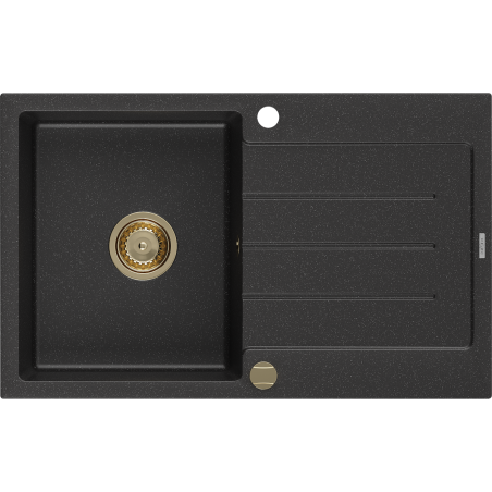 Mexen Bruno granitový dřez 1-komorový s odkapávačem 795 x 495 mm, černý/stříbrný metalik, zlatý sifon - 6513791010-73-G
