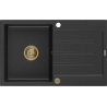 Mexen Bruno granitový dřez 1-komorový s odkapávačem 795 x 495 mm, černý/stříbrný metalik, zlatý sifon - 6513791010-73-G