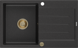 Mexen Bruno granitový dřez 1-komorový s odkapávačem 795 x 495 mm, černý/stříbrný metalik, zlatý sifon - 6513791010-73-G