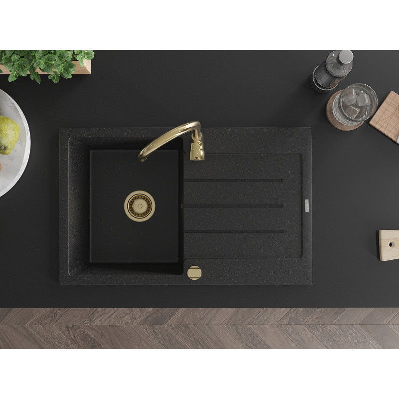 Mexen Bruno granitový dřez 1-komorový s odkapávačem 795 x 495 mm, černý/stříbrný metalik, zlatý sifon - 6513791010-73-G