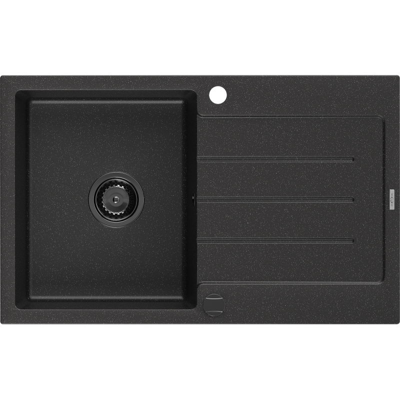 Mexen Bruno granitový dřez s odkapávačem 1-komorový 795 x 495 mm, černý/stříbrný metalik, černý sifon - 6513791010-73-B