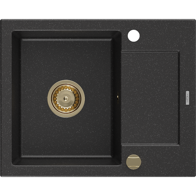 Mexen Enzo granitový dřez 1-komorový s odkapávací plochou 576 x 465 mm, černý/stříbrný metalik, sifon zlatý - 6506571005-73-G