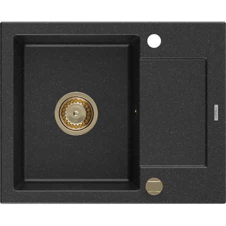 Mexen Enzo granitový dřez 1-komorový s odkapávací plochou 576 x 465 mm, černý/stříbrný metalik, sifon zlatý - 6506571005-73-G