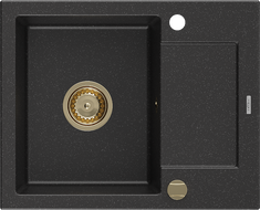 Mexen Enzo granitový dřez 1-komorový s odkapávací plochou 576 x 465 mm, černý/stříbrný metalik, sifon zlatý - 6506571005-73-G