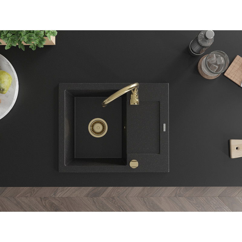 Mexen Enzo granitový dřez 1-komorový s odkapávací plochou 576 x 465 mm, černý/stříbrný metalik, sifon zlatý - 6506571005-73-G