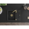 Mexen Enzo granitový dřez s jednou komorou a odkapávačem 576 x 465 mm, černý/stříbrný metalický, zlatý sifon