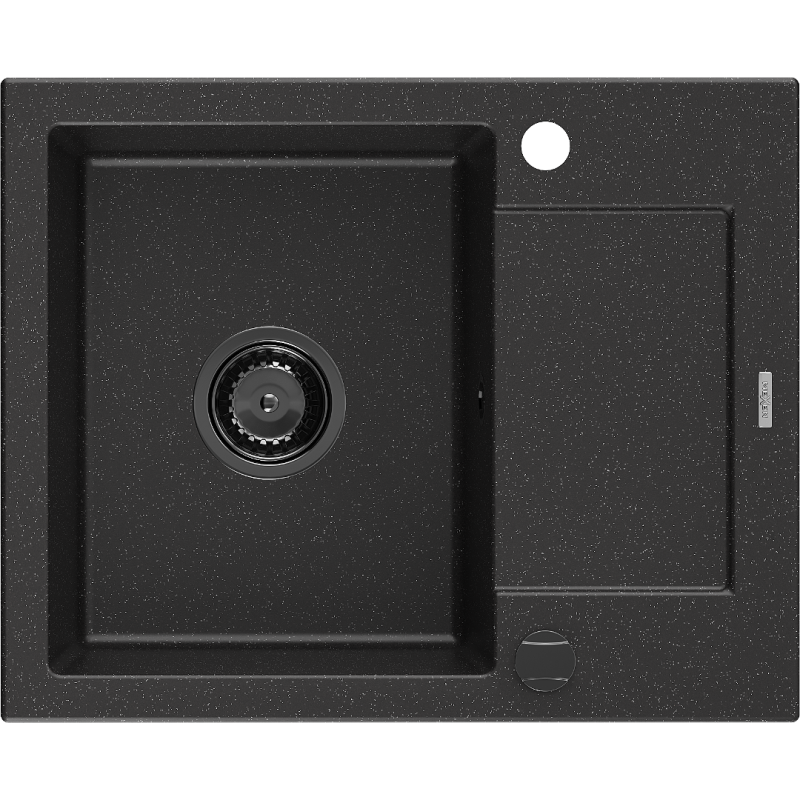 Mexen Enzo granitový dřez 1-komorový s odkapávačem 576 x 465 mm, černý/stříbrný metalík, černý sifon - 6506571005-73-B