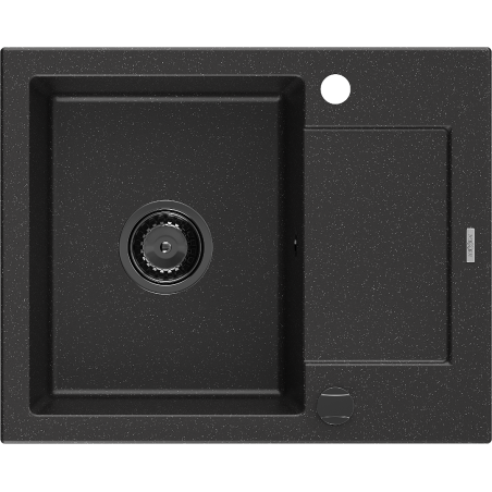 Mexen Enzo granitový dřez 1-komorový s odkapávačem 576 x 465 mm, černý/stříbrný metalík, černý sifon - 6506571005-73-B