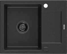 Mexen Enzo granitový dřez 1-komorový s odkapávačem 576 x 465 mm, černý/stříbrný metalík, černý sifon - 6506571005-73-B