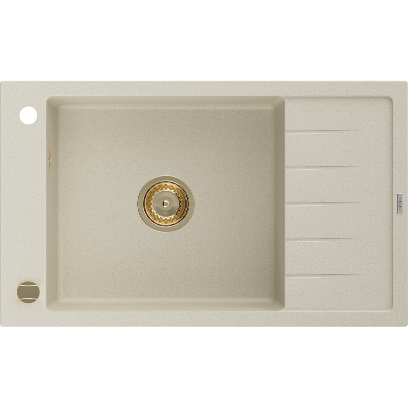 Mexen Elias žulový dřez s jednou komorou s odkapávačem 795 x 480 mm, béžový, zlatý sifon - 6511791005-69-G