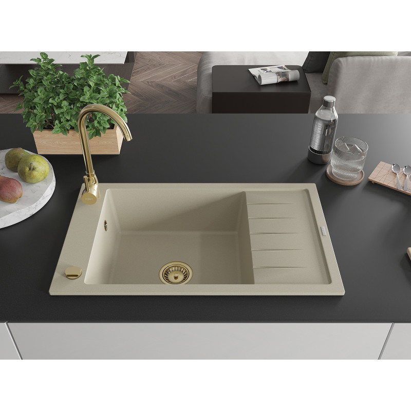 Mexen Elias granitový dřez 1-komorový s odkapávačem 795 x 480 mm, béžový, zlatý sifon - 6511791005-69-G