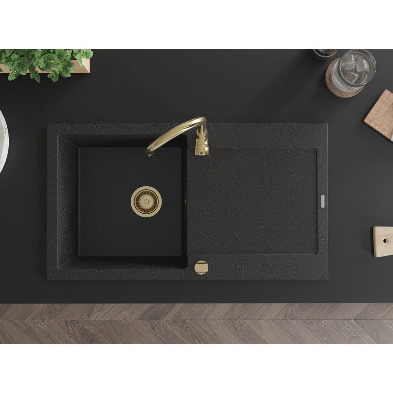 Mexen Leo granitový dřez 1-komorový s odkapávačem 900 x 500 mm, černý/stříbrný metalík, sifon zlatý - 6501901010-73-G