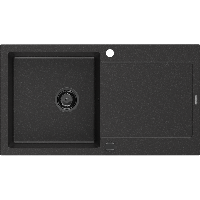 Mexen Leo granitový dřez 1-komorový s odkapávačem 900 x 500 mm, černý/stříbrný metalik, černý sifon - 6501901010-73-B