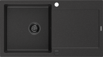Mexen Leo granitový dřez 1-komorový s odkapávačem 900 x 500 mm, černý/stříbrný metalik, černý sifon - 6501901010-73-B